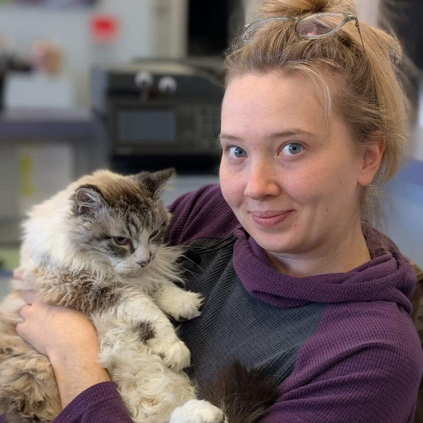 smiling blonde woman holding a cat
